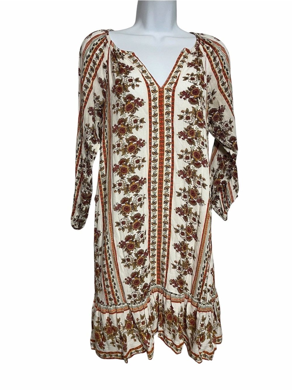 LOFT Boho Ivory Dress Rust Olive Floral Stripes Gauzy Ruffle Size XSP Longsleeve